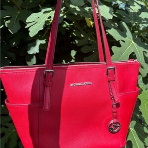 Michael Kors Red Charlotte medium tote bag. MK